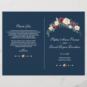 Prospectus 21,6 Cm X 24,94 Cm Charm Burgundy Blush Floral Blue Wedding Programme