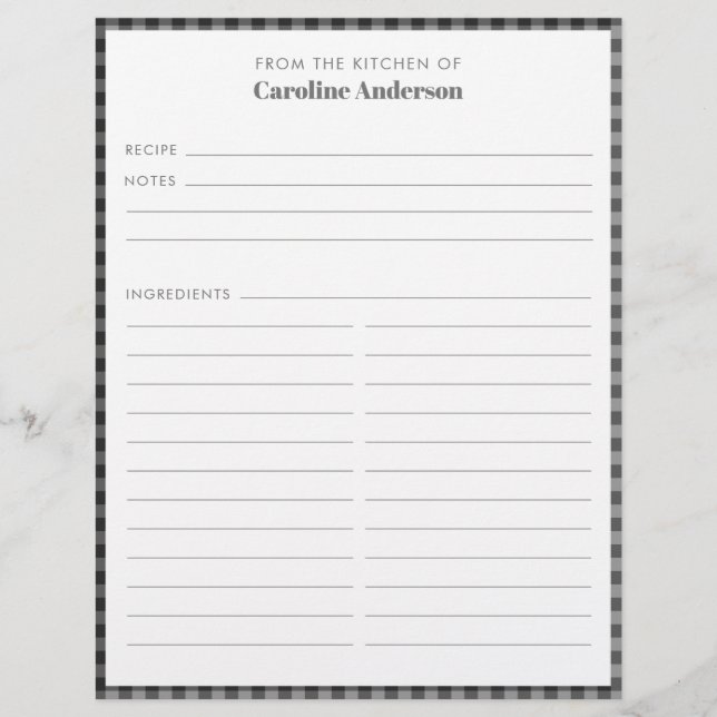 Prospectus 21,6 Cm X 24,94 Cm De La Cuisine Recette Plaid Gris Noir Personnalisé (Devant)