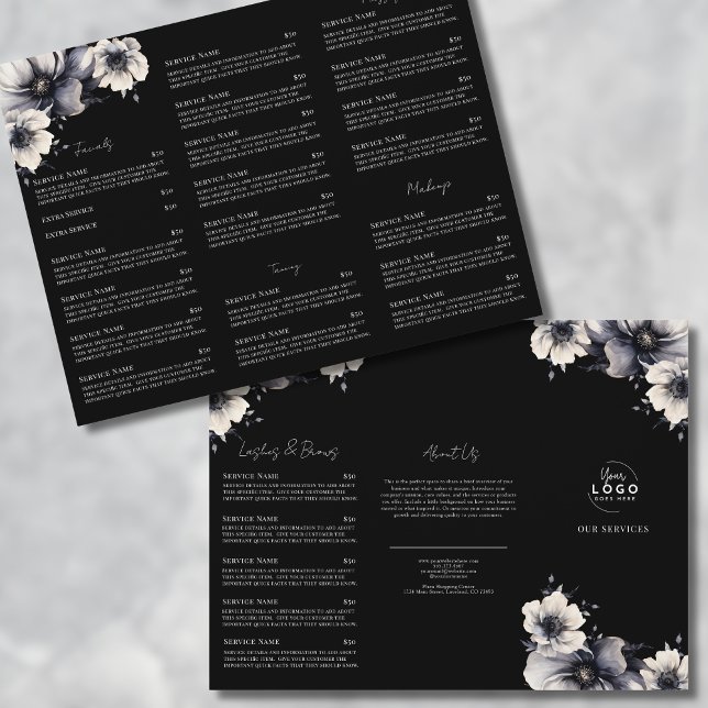Prospectus 21,6 Cm X 24,94 Cm Dépliant de menu de services de spa élégant noir e (Elegant Black White Spa Services Menu Tri-Fold Flyer)