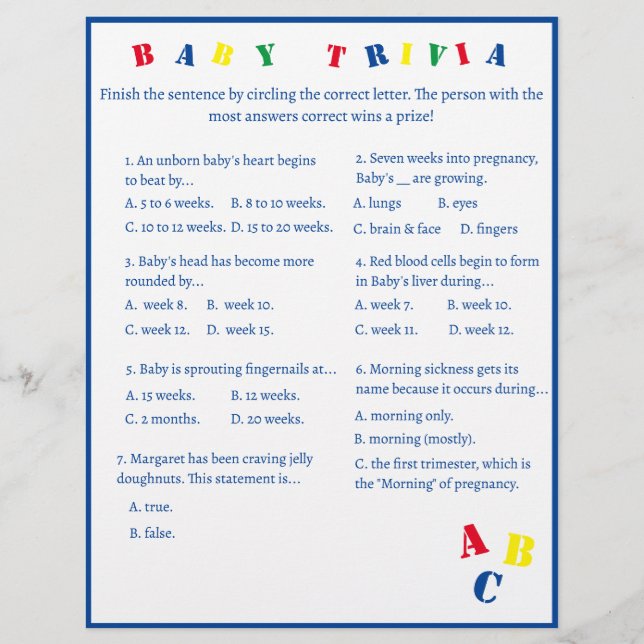 Prospectus 21,6 Cm X 24,94 Cm Dépliant du jeu de questions-réponses ABC Baby (Devant)