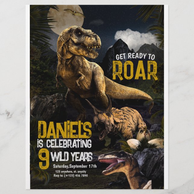 Prospectus 21,6 Cm X 24,94 Cm Dinosaure réaliste cool Invitation sauvage d'anniv (Devant)