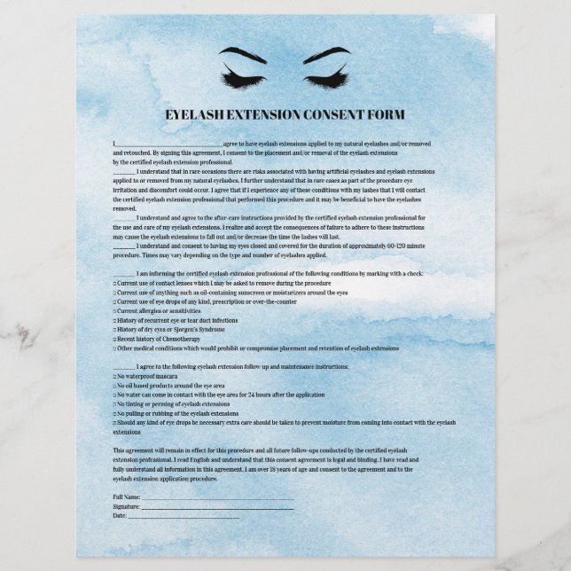 PROSPECTUS 21,6 CM X 24,94 CM FORMULAIRE DE CONSENTEMENT D'EXTENSION D'EYELASH A (Devant)