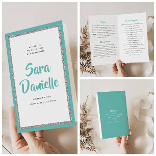Prospectus 21,6 Cm X 24,94 Cm Glitterie Argent et Bat mitzvah Turquoise Plié Pro