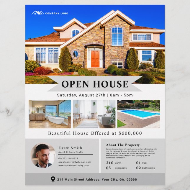 Prospectus 21,6 Cm X 24,94 Cm Gris professionnel Open House Flyer immobilier (Devant)