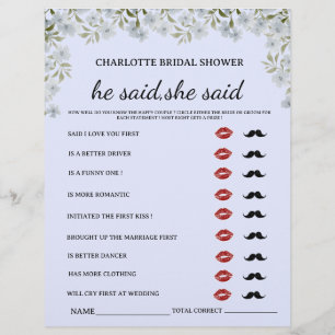 Prospectus 21,6 Cm X 24,94 Cm Jeu de Baby Shower Floral Il a dit Elle a dit