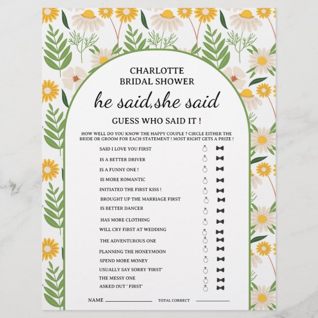 Prospectus 21,6 Cm X 24,94 Cm Jeu de Baby Shower Mariage Daisy Floral Il a dit E (Devant)