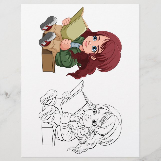 Prospectus 21,6 Cm X 24,94 Cm Jolie Cartoon fille lecture livre coloriage page (Devant)