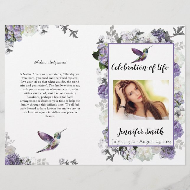 Prospectus 21,6 Cm X 24,94 Cm Lavande Hydrangea Hummingbird FuneralFlyer (Devant)