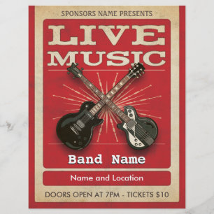 Prospectus 21,6 Cm X 24,94 Cm Live Music Two Guitare Flyer Rouge
