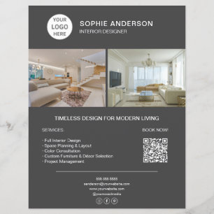 Prospectus 21,6 Cm X 24,94 Cm Logo de designer d'intérieur photo QR gris entrepr
