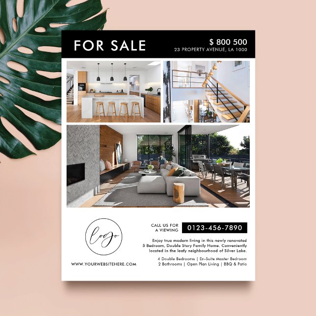 Prospectus 21,6 Cm X 24,94 Cm Logo Minimaliste Photos Marketing Propriété À Vend (Minimalist modern house for sale marketing flyer with photos and your contact details)