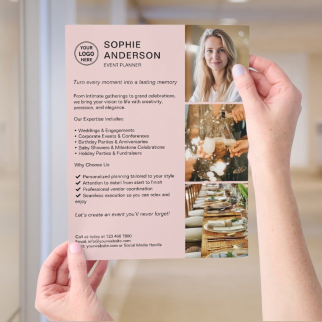 Prospectus 21,6 Cm X 24,94 Cm Logo moderne blanc Planificateur d'événements rose (Modern Logo White Event Planner Pink Promotional Flyer)