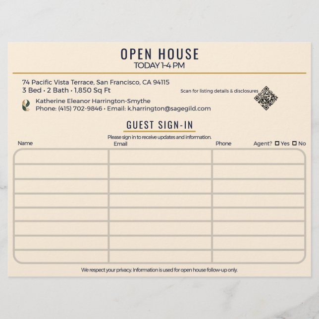 Prospectus 21,6 Cm X 24,94 Cm Luxury Navy & Cream Realtor Open House Sign-In (Devant)