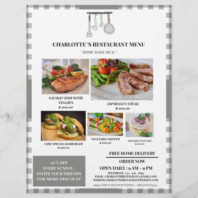 Prospectus 21,6 Cm X 24,94 Cm Menu Rustique Plaid Restaurant (Devant)