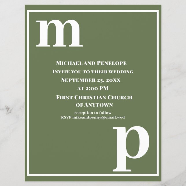Prospectus 21,6 Cm X 24,94 Cm Monogramme Olive Green Budget Mariage Inviter (Devant)