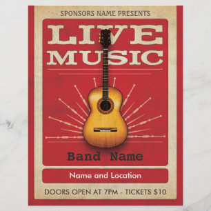 Prospectus 21,6 Cm X 24,94 Cm Musique Live Acousses Guitare Flyer Rouge