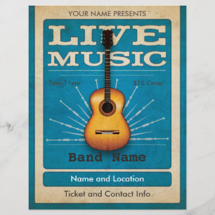 Prospectus 21,6 Cm X 24,94 Cm Musique Live Acoustique Guitare Flyer bleu