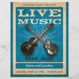 Prospectus 21,6 Cm X 24,94 Cm Musique Live Double Guitare Flyer bleu