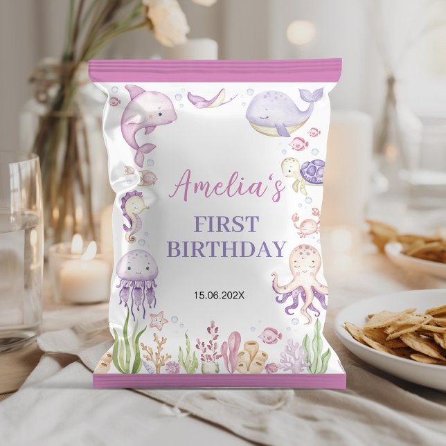 Prospectus 21,6 Cm X 24,94 Cm Ocean Animals Girl Birthday Chip Bag Wrapper (Créateur téléchargé)