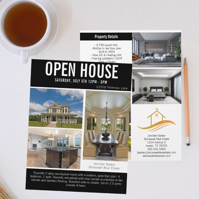 Prospectus 21,6 Cm X 24,94 Cm Open House Modern Black Immobilier Liste (Créateur téléchargé)