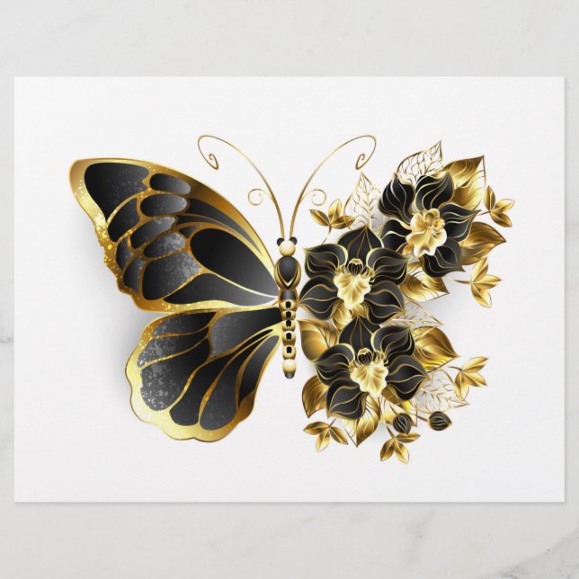 Prospectus 21,6 Cm X 24,94 Cm Papillon à fleurs d'or avec orchidée noire (Devant)