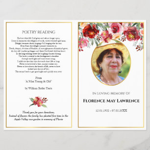Prospectus 21,6 Cm X 24,94 Cm Photo Funeral Program, guirlande rouge et rose