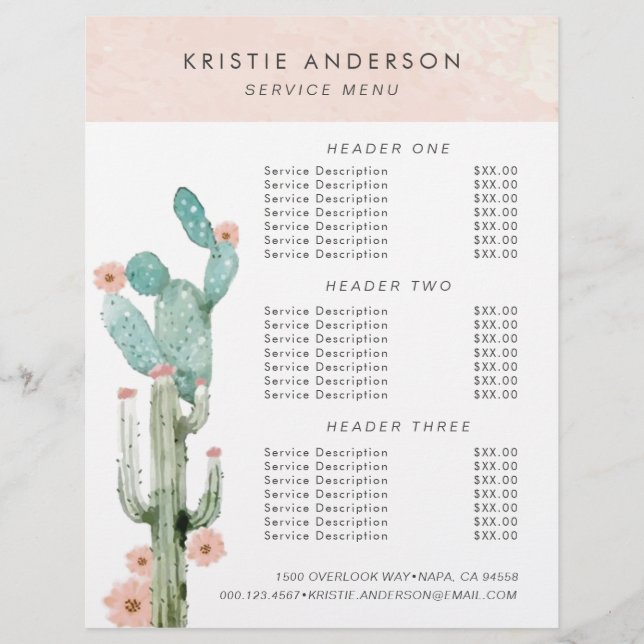 Prospectus 21,6 Cm X 24,94 Cm Prix et services des cactus à fleurs d'aquarelle (Devant)