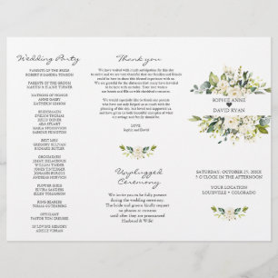 Prospectus 21,6 Cm X 24,94 Cm Programme de mariage triptyque fleurs blanches aqu