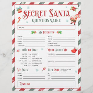 Prospectus 21,6 Cm X 24,94 Cm Questionnaire secret Père Noël Christmas Gift Exch