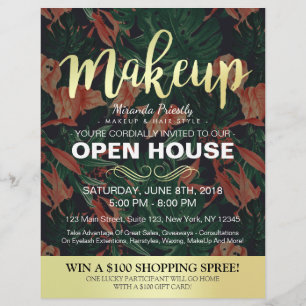 Prospectus 21,6 Cm X 24,94 Cm Tropical Floral Gold Script Salon Open House Flyer