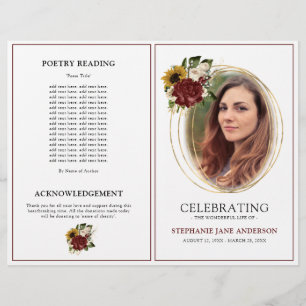 Prospectus 21,6 Cm X 24,94 Cm Vintage Automne Floral Funeral Service Program Fly