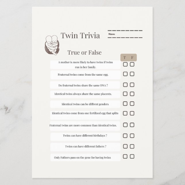 Prospectus : Jeu Trivia Baby shower Twin - Avec feuille de ré (Devant)
