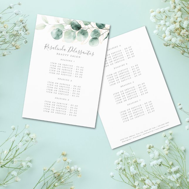 Prospectus Service de salon à l'aquarelle Eucalyptus Végétal  (Watercolor Eucalyptus Greenery Gold Salon Service Flyer)