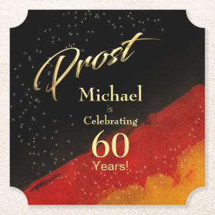 Prost 60th Birthday Black Red + Gold Name + Age Paper Coaster