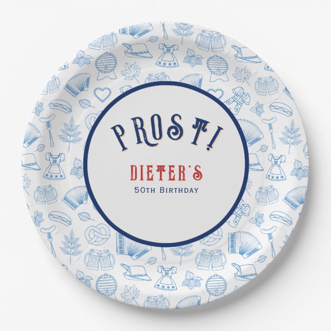 Prost! Beer and Wiener Schnitzel German Birthday Paper Plate (Front)