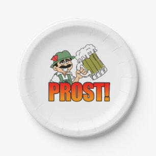 Prost! German Man Wearing Lederhosen Funny Cartoon Paper Plate