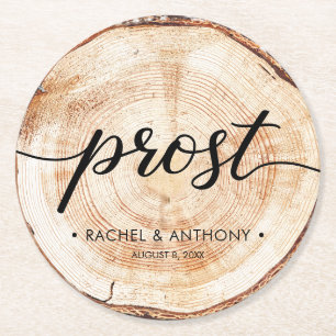 Prost German Wedding Wood Grain Round Custom Round Paper Coaster