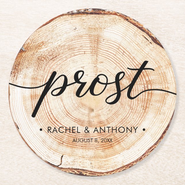 Prost German Wedding Wood Grain Round Custom Round Paper Coaster (Front)