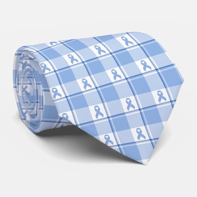 Prostate Cancer Awareness Plaid Light Blue Ribbon Tie (Rolled)