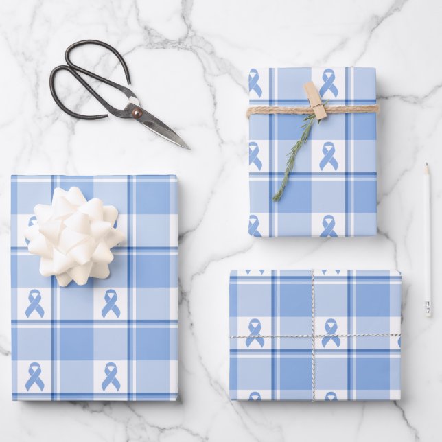 Prostate Cancer Awareness Plaid Light Blue Ribbon Wrapping Paper Sheet (Front)