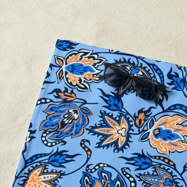 Protea Batik Hawaiian Tropical Floral - Blue Beach Towel (In Situ)