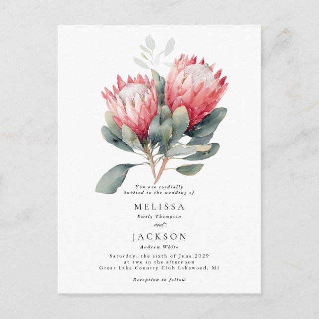 Protea Blush Watercolor Flowers Wedding Postcard (Front)