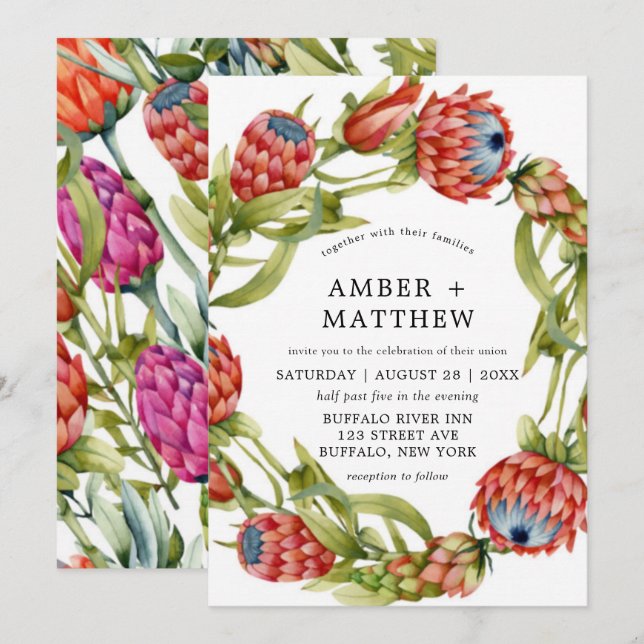 Protea Colourful Watercolor Flower Wedding Invites (Front/Back)