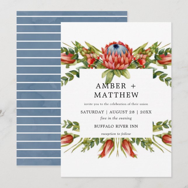 Protea Colourful Watercolor Flower Wedding Invites (Front/Back)