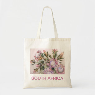 Protea design with pink lettering tote bag