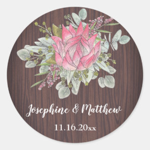 Protea Eucalyptus Foliage Wood Rustic Wedding Classic Round Sticker
