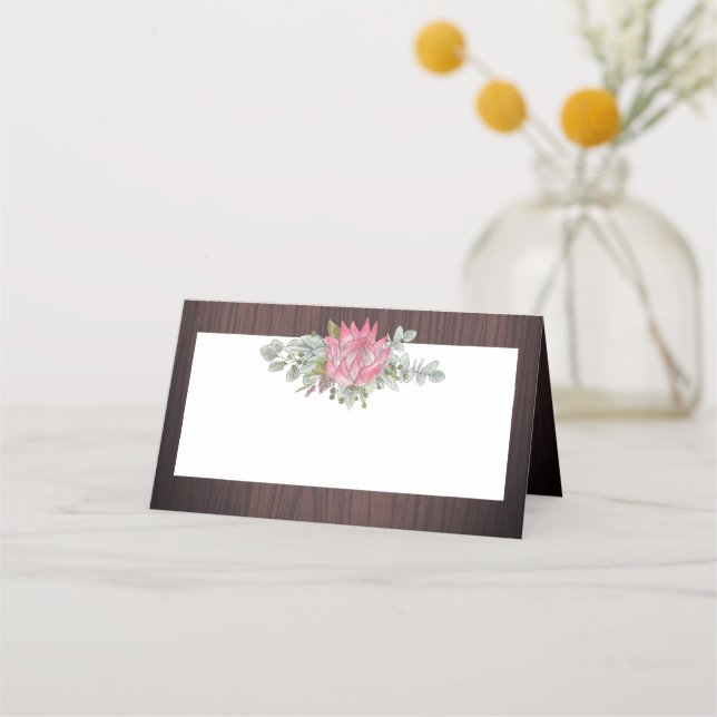 Protea Eucalyptus Foliage Wood Rustic Wedding Place Card (Front)