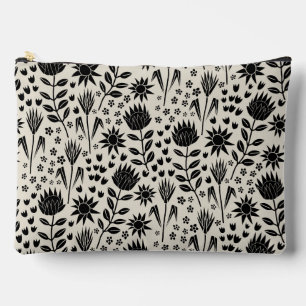 Protea Floral Block Print Millefleur black linen Accessory Pouch