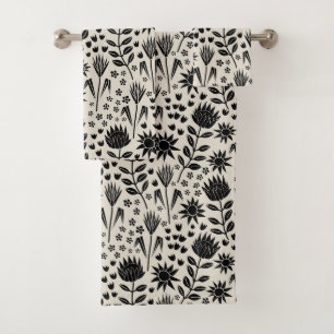 Protea Floral Block Print Millefleur black linen Bath Towel Set