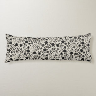 Protea Floral Block Print Millefleur black linen Body Pillow